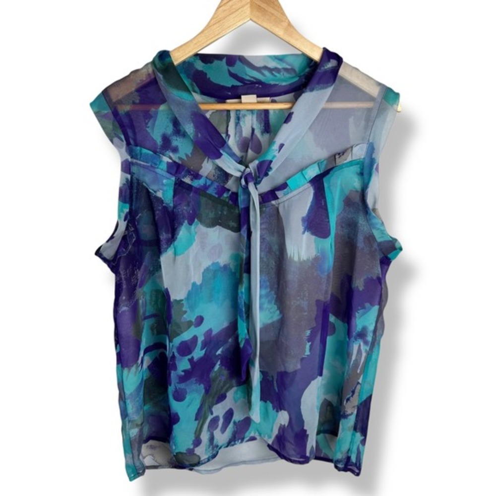 Jonathan Martin Painterly Watercolor Tie‎ Neck Top Womens Size XL Sheer Flowy - Picture 7 of 9